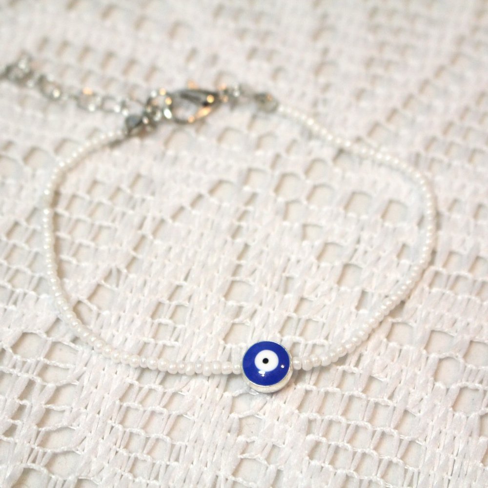 White Simple Seed Bead Minimialist Evil Eye Bracelet or Anklet